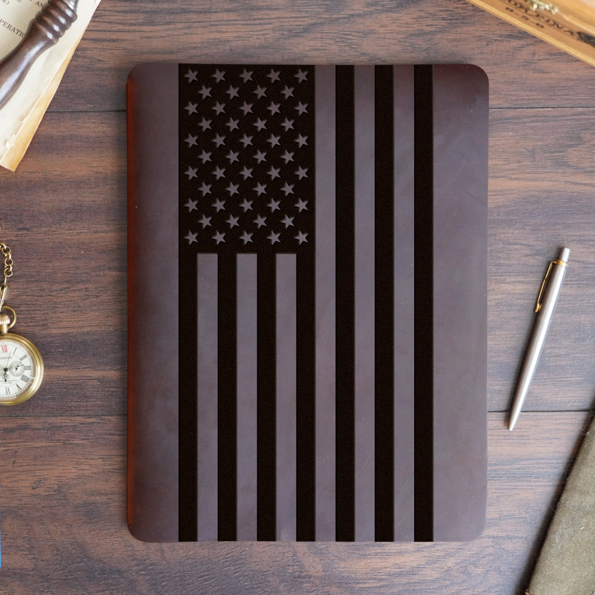 American Flag - Large - Engraving Design - Refillable Leather Slip Covers