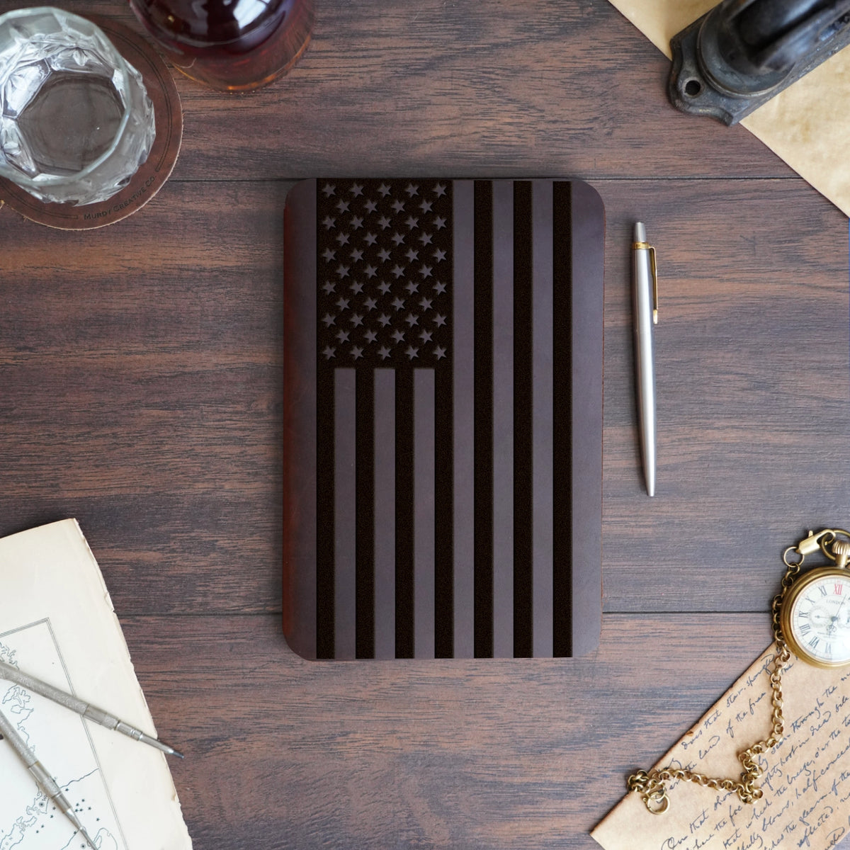 American Flag - Large - Engraving Design - Refillable Leather Slip Covers