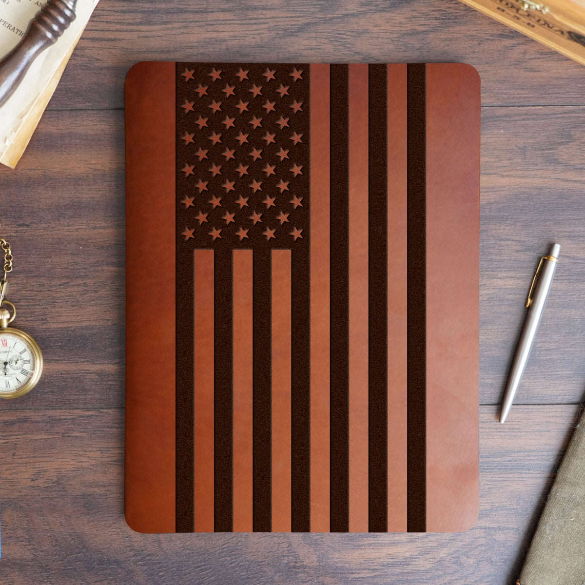 American Flag - Large - Engraving Design - Refillable Leather Slip Covers