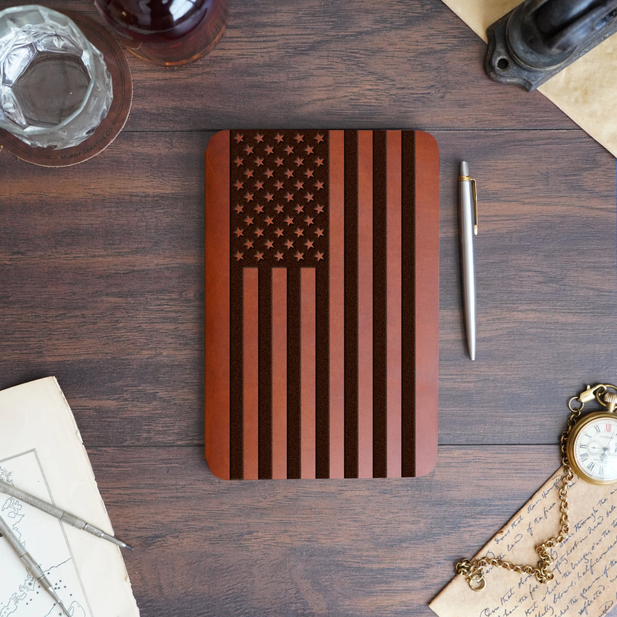 American Flag - Large - Engraving Design - Refillable Leather Slip Covers