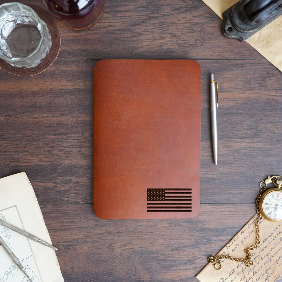American Flag - Small - Engraving Design - Refillable Leather Slip Covers