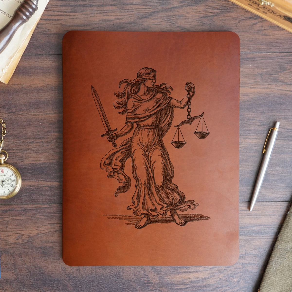 Lady Justice - Engraving Design - Refillable Leather Slip Covers