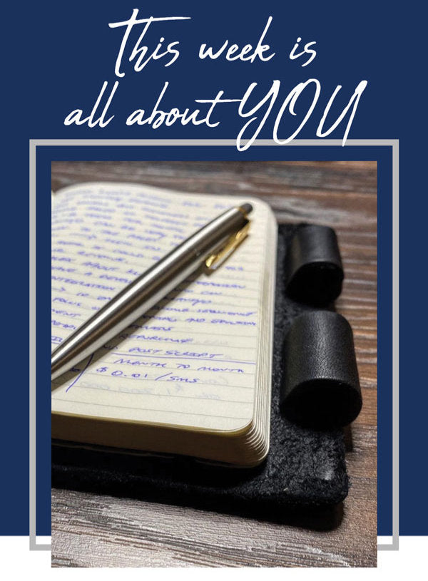 Weekly Writing Tips - This week is all about YOU (Pictured: Onyx Mini Cut Refillable Leather Journal with Parker Jotter stainless steel pen and close up of our signature hinge pen loops )