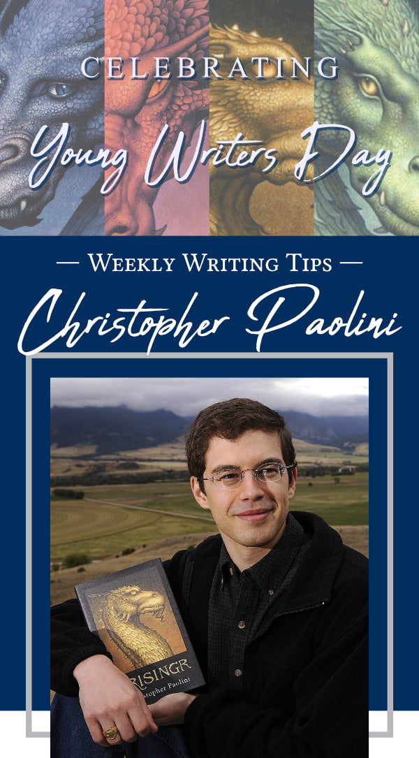 Celebrating Young Writers Day - Weekly Writing Tips - Christopher Paolini (Pictured: Dragons from the covers of his series and a photo of author Christopher Paolini holding a copy of his book Brisingr.)