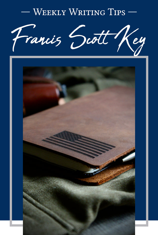 - Weekly Writing Tips - Francis Scott Key - Pictured: Small Flag Pre-Engraved Classic Cut Refillable Leather Journal in Espresso with a military uniform.
