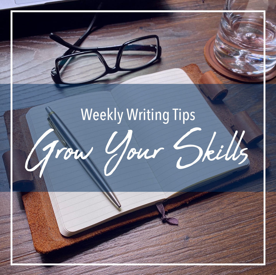 Weekly Writing Tips: Grow Your Skills - Pictured: Mini Cut Refillable leather journal with stainless steel parker jotter ballpoint pen, glasses, and a custom leather coaster.
