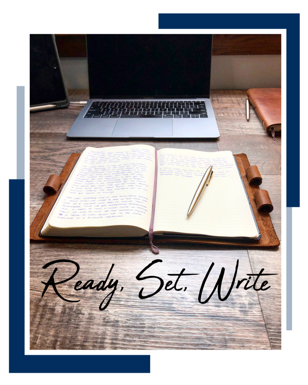 Ready, Set, Write - Pictured: Journal entry in a Murdy Creative Co Espresso Classic Cut Refillable Leather Journal with stainless steel Parker Jotter pen on a desk with a Macbook Pro