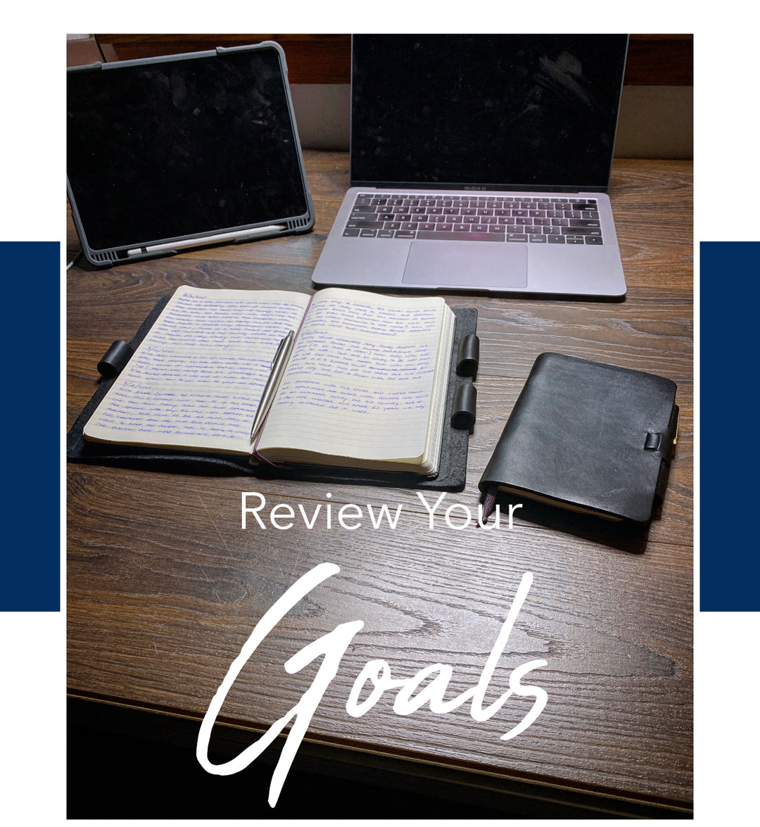 Review Your Goals - Pictured: Onyx Classic Cut Refillable Leather Journal, Onyx Mini Cut Refillable Leather Journal, Stainless steel Parker Jotter pen, Macbook, iPad, desk setup, journal entry.