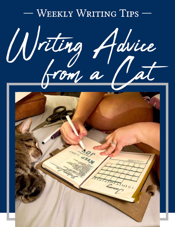 Weekly Writing Tips - Writing Advice from a Cat - Pictured: Adorable cat with a Murdy Creative Co. Metric Cut Refillable Leather Journal, bullet journal entry, calendar, notebook, markers 