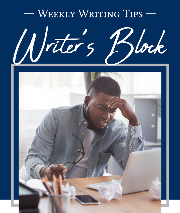 Weekly Writing Tips - Writer's Block - Pictured: Frustrated or discouraged person at a desk suffering from writer's block.