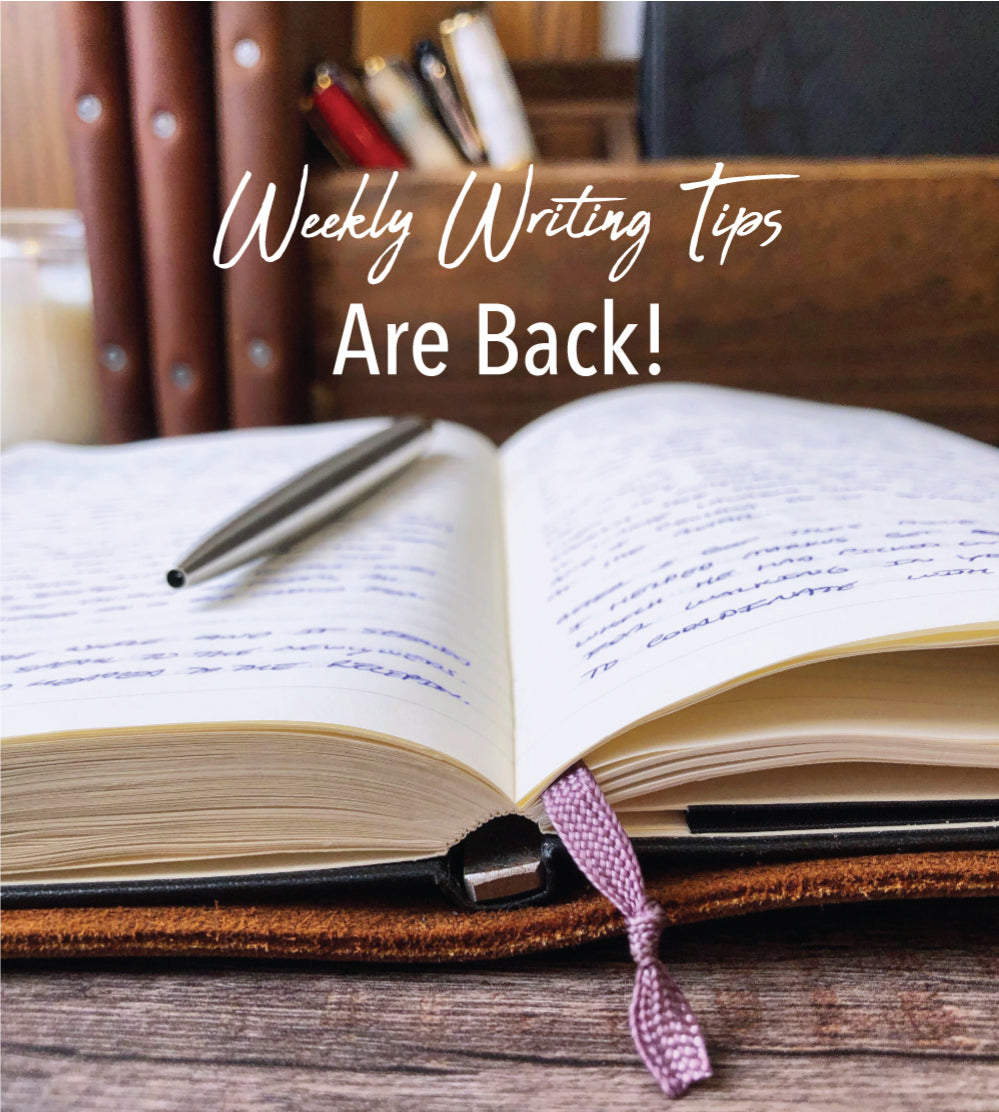 Weekly Writing Tips Are Back! Pictured: Murdy No. 2 Classic Cut Refillable Leather Journal and stainless steel Parker Jotter pen. Journaling, writing, brainstorming, bookmark, pens, journals, desk organizer.