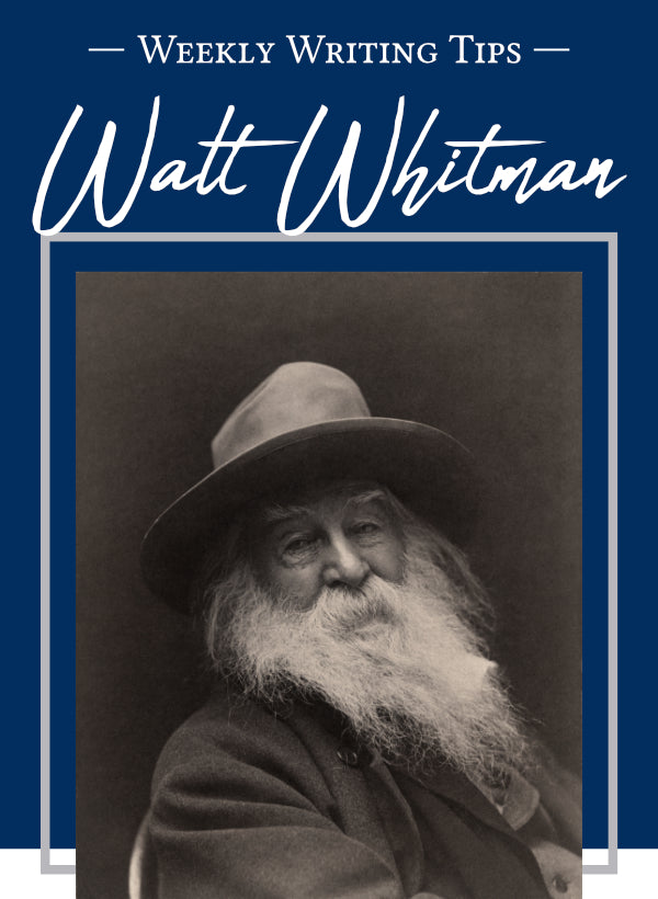 - Weekly Writing Tips - Walt Whitman (Pictured: Old photograph of Walt Whitman with a large beard and cool hat.)