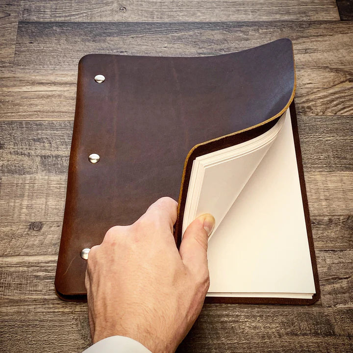 Mini Cut Refillable Leather Journal in Brown Americano Leather on Desk