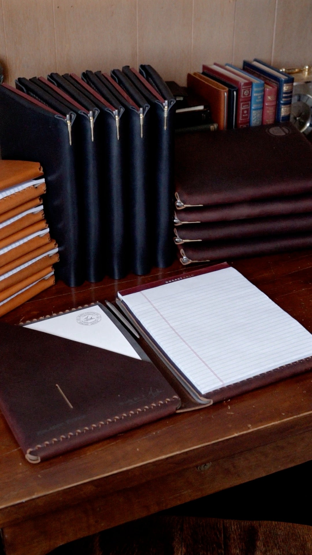 Mini Cut Refillable Leather Journal in Brown Americano Leather on Desk