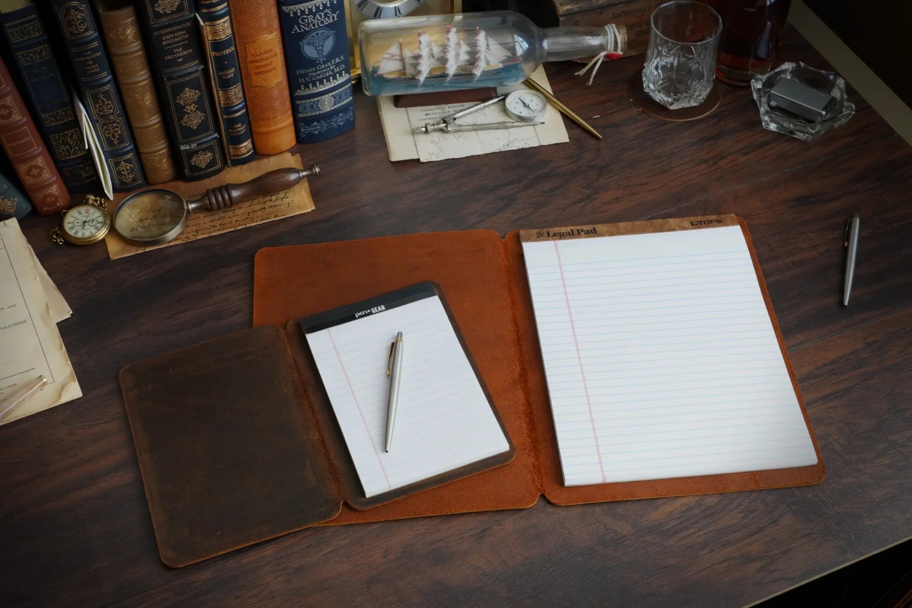 Mini Cut Refillable Leather Journal in Brown Americano Leather on Desk