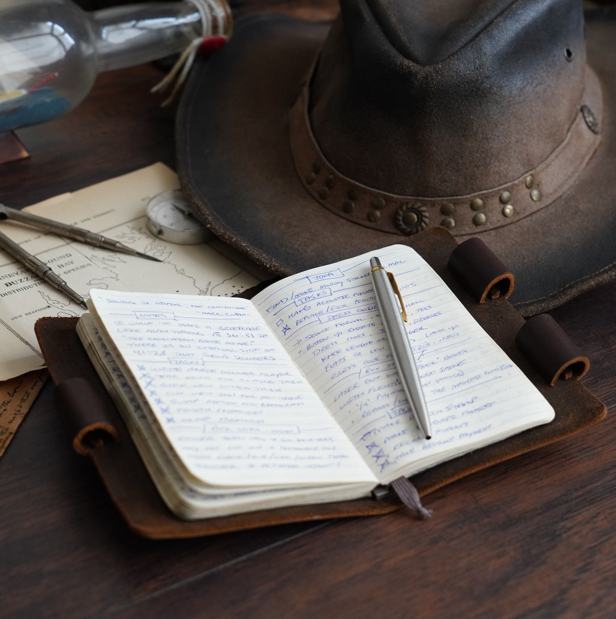 Mini Cut Refillable Leather Journal in Brown Americano Leather on Desk
