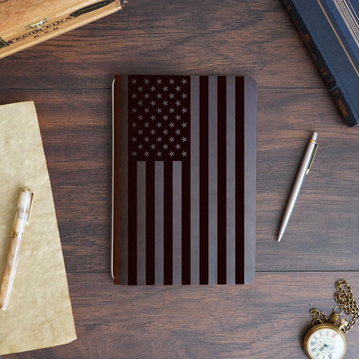 American Flag - Large - Engraving Design - Refillable Leather Covers