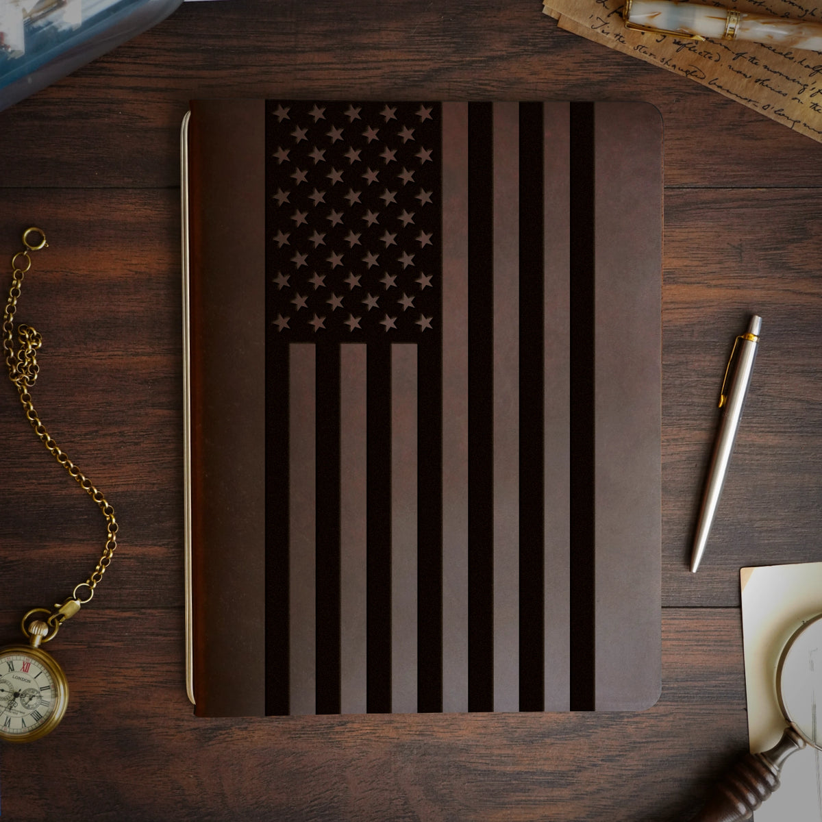 American Flag - Large - Engraving Design - Refillable Leather Covers