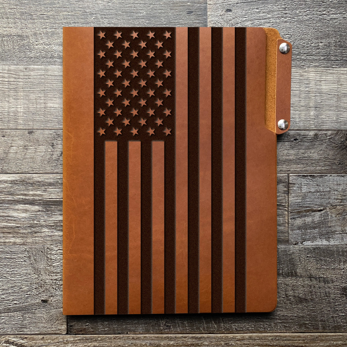 American Flag - Large - Engraving Design - Leather File Folder