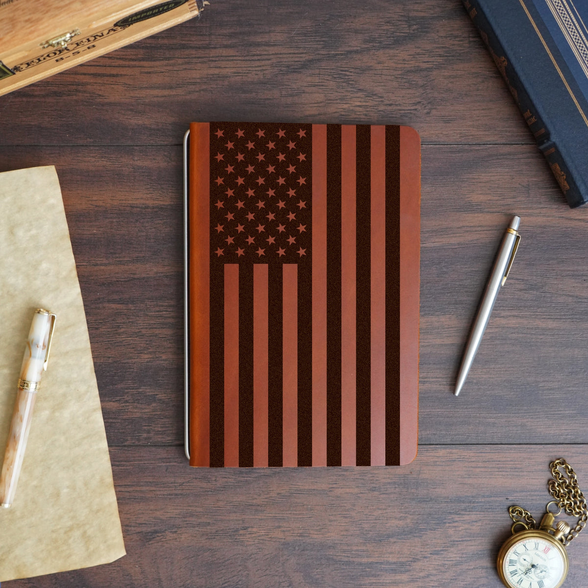 American Flag - Large - Engraving Design - Refillable Leather Covers