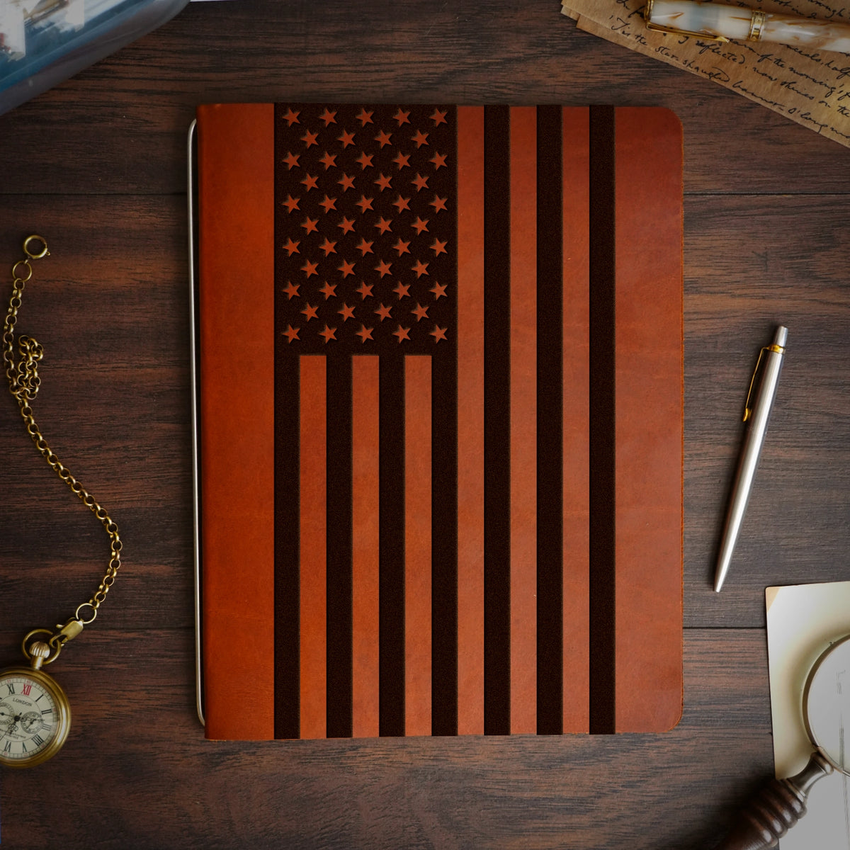 American Flag - Large - Engraving Design - Refillable Leather Covers